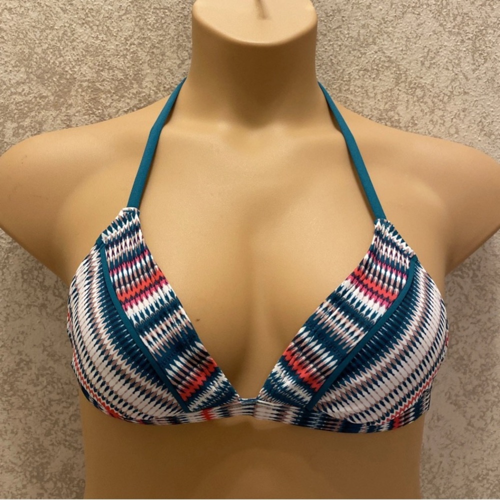 Kona Sol Teal and Coral Patterned Bikini Top